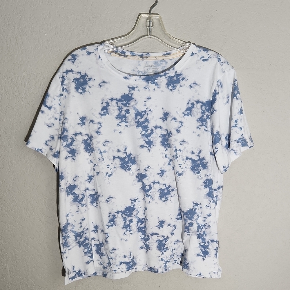 Eddie Bauer Shirt Womens Size TXL Blue White Tie-Dye Crop Top Tall Extra Large